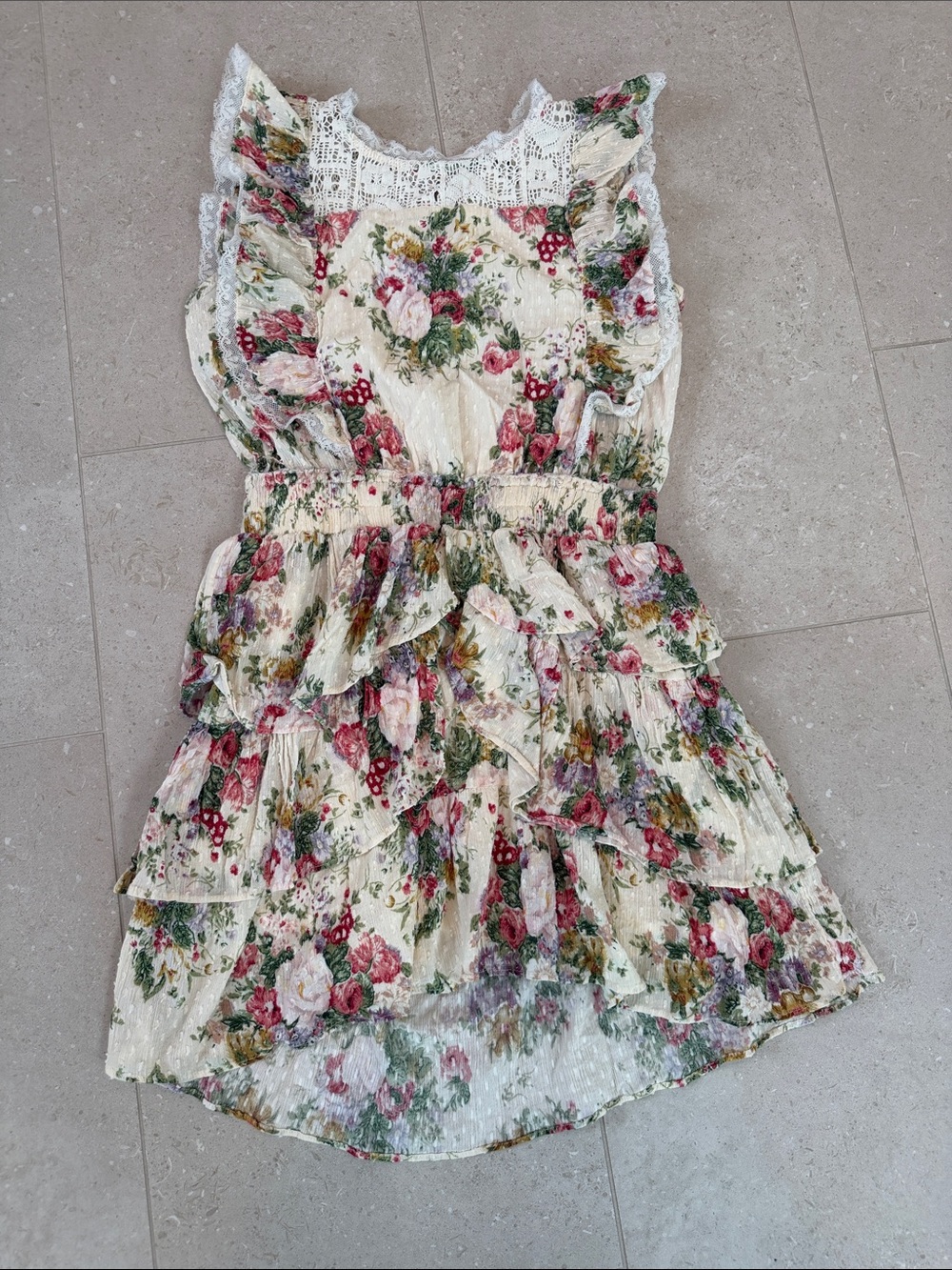 LoveShackFancy Floral Ruffle Dress in Cream, Pink, Green
